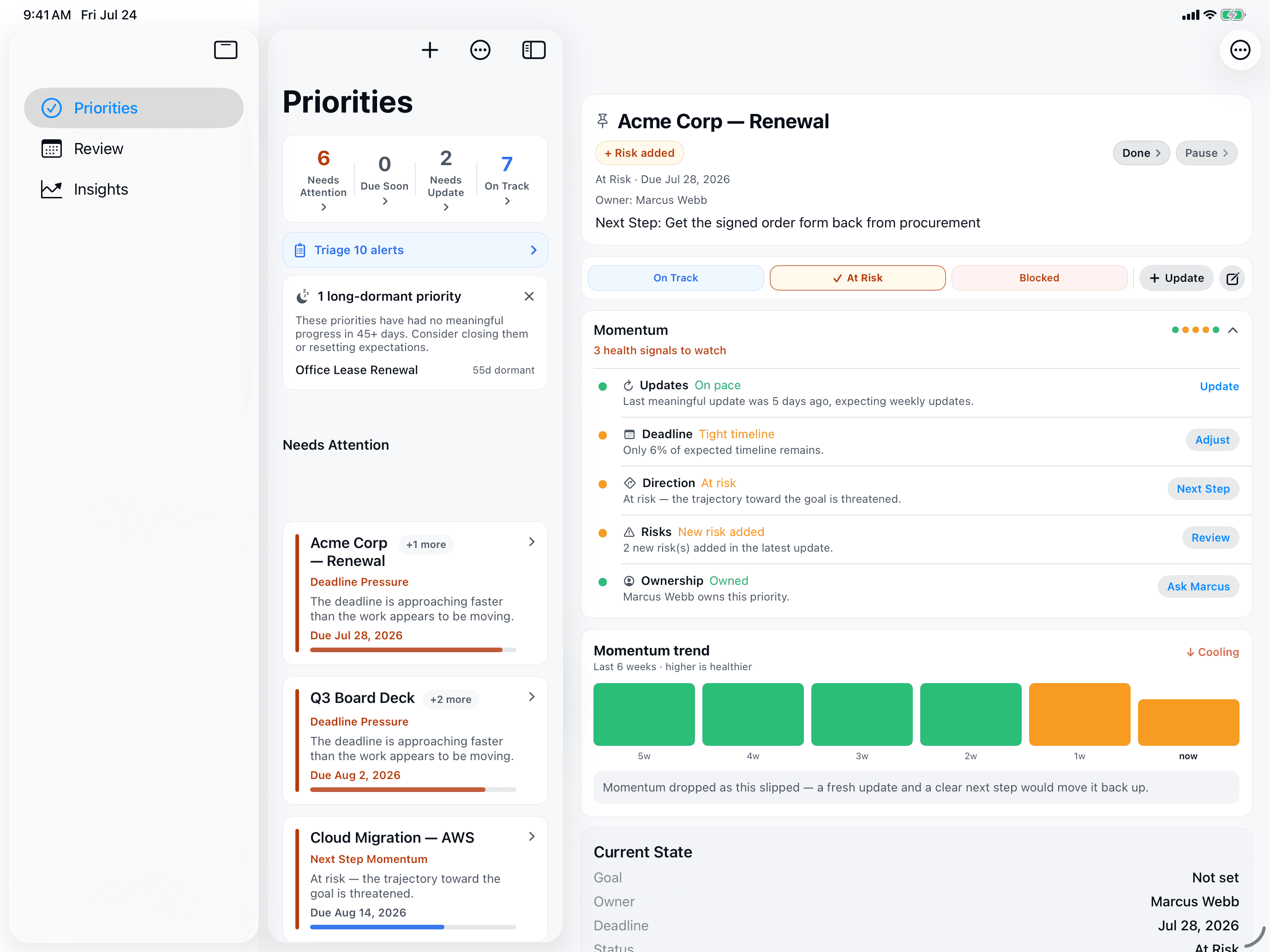 TemporalNotes on iPad in a split view — the priorities list on the left and a full priority with its Momentum panel and six-week trend on the right.