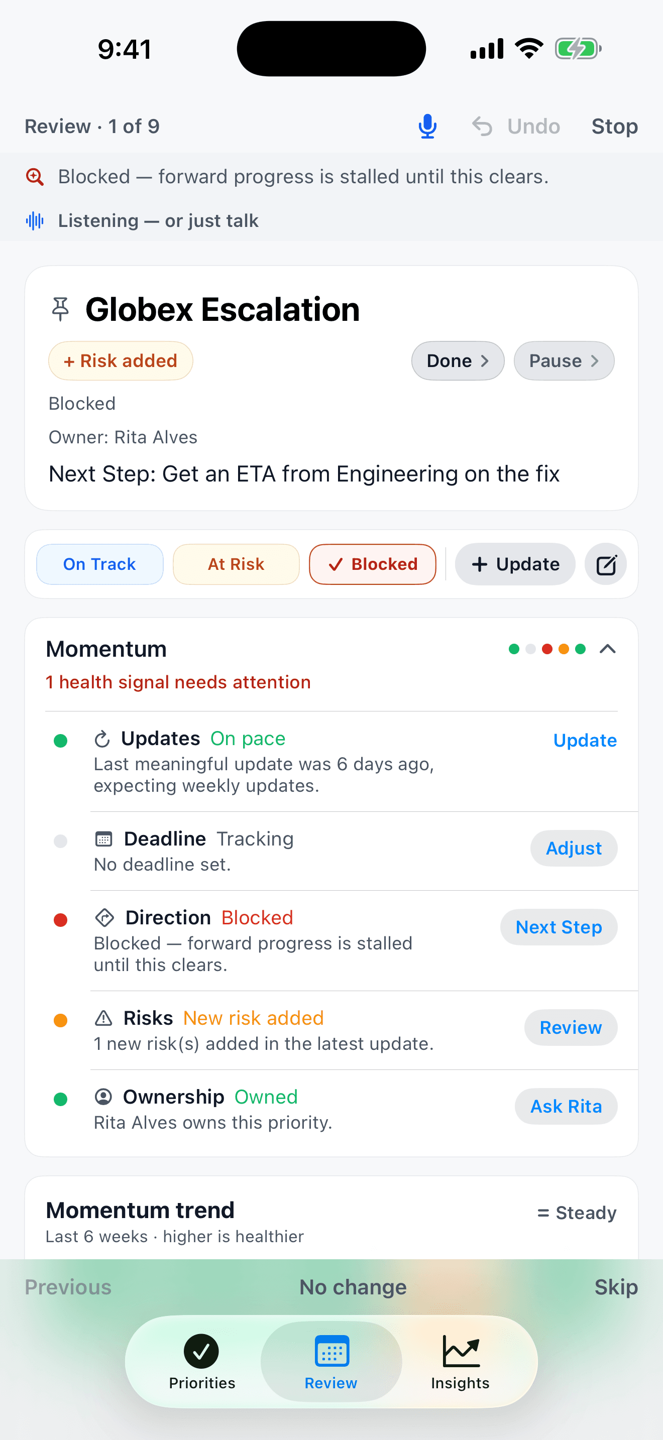 TemporalNotes guided weekly review on Globex Escalation, marked Review 1 of 9 — the app speaks each priority and why it needs a look, with Previous, No change, and Skip controls.