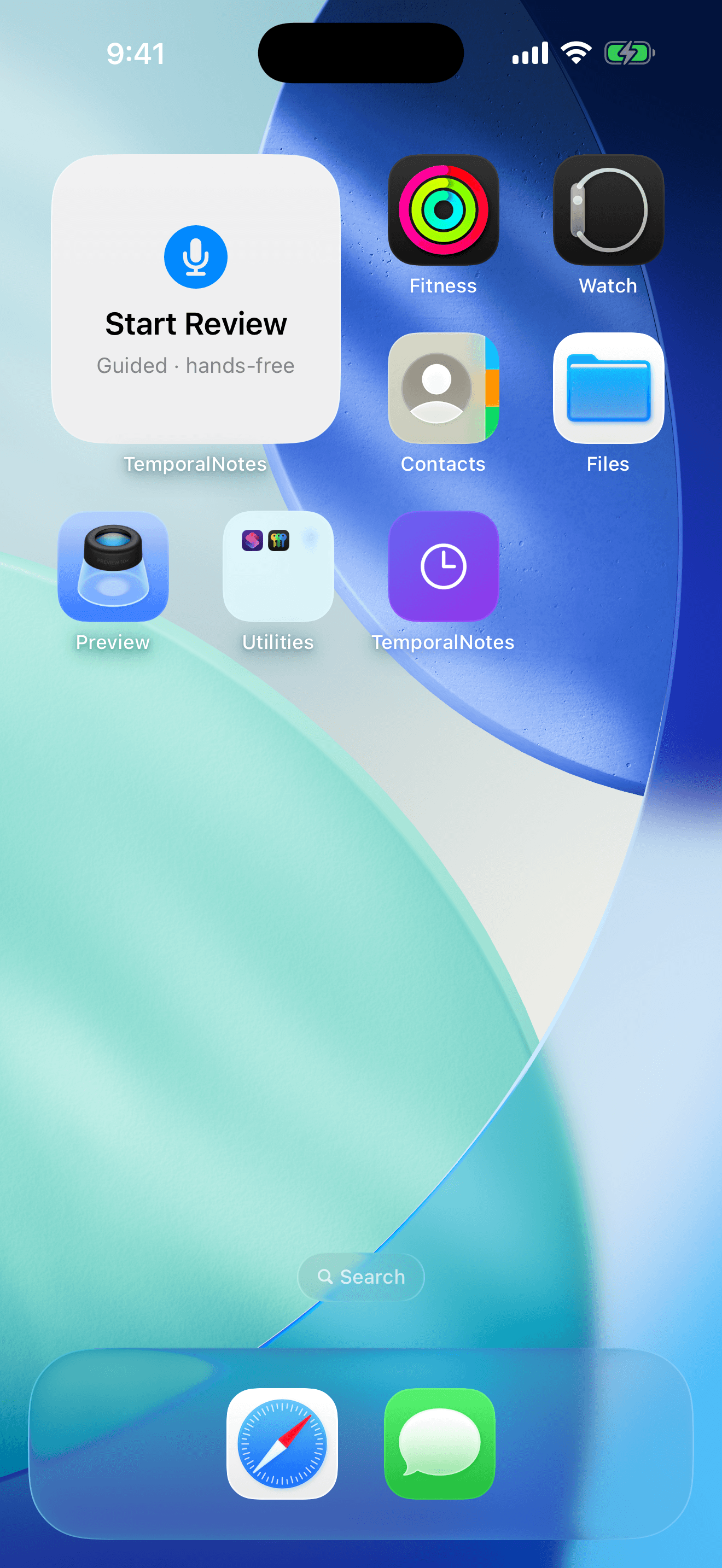 A TemporalNotes Start Review Home Screen widget labeled Guided, hands-free that launches the weekly review with one tap.